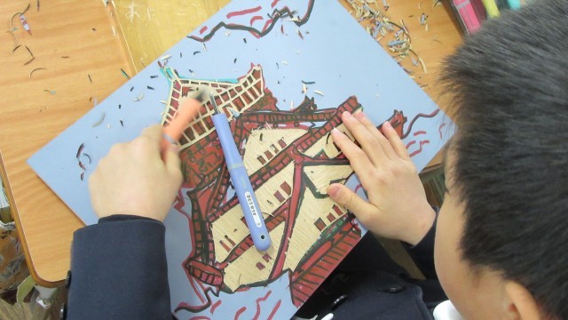 版画で城を彫りました！