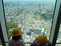 あべのハルカス展望台から大阪市の街並みをのぞく子どもたち