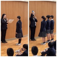 表彰状などを渡される6年生女子（左）とミニバスチームの６年生３人