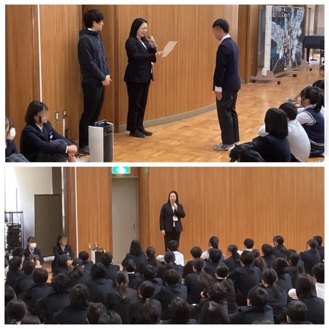 表彰状を渡される８年生男子（上）と講話する岡学園長